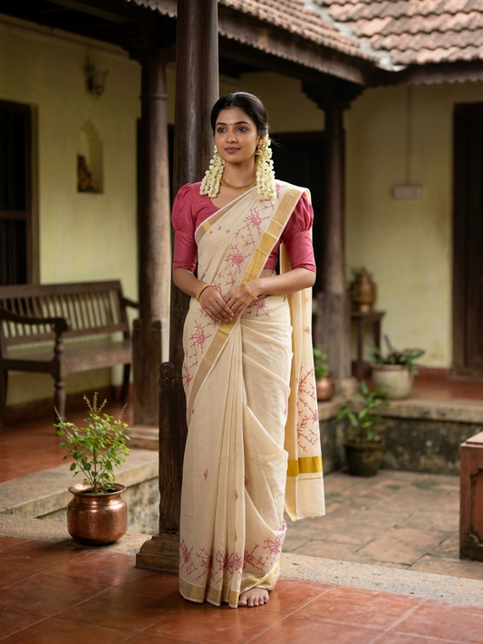 Southloom Tissue Kerala Kasavu Saree with Floral Embroidery Work on Body in Pink and Red