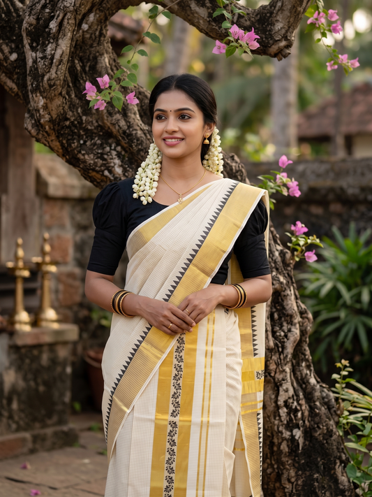 Southloom Pure Cotton Set Mundu with Gold Kasavu Micro Check Across Body in Black SL398