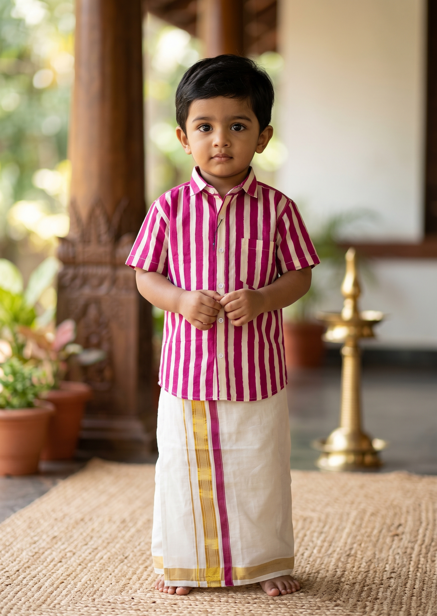 Southloom Cotton Floral Printed Kids's Combo (Shirt + Velcro Mundu) SLKCOMBO