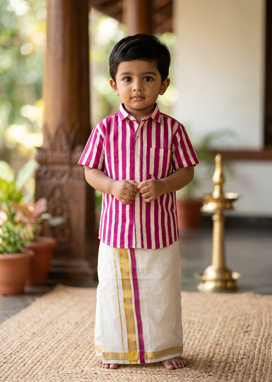 Southloom Cotton Floral Printed Kids's Combo (Shirt + Velcro Mundu) SLKCOMBO