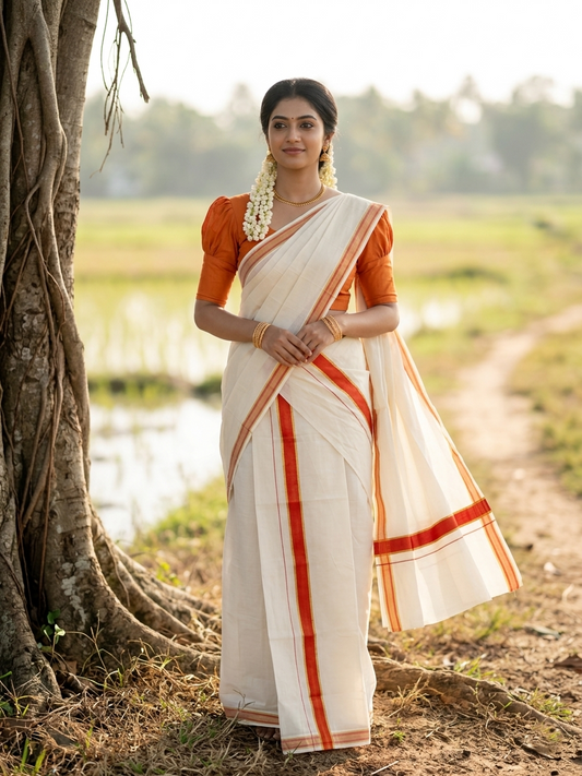 Southloom Kerala Cotton Set Mundu (Mundum Neriyathum) with Orange and Kasavu Border