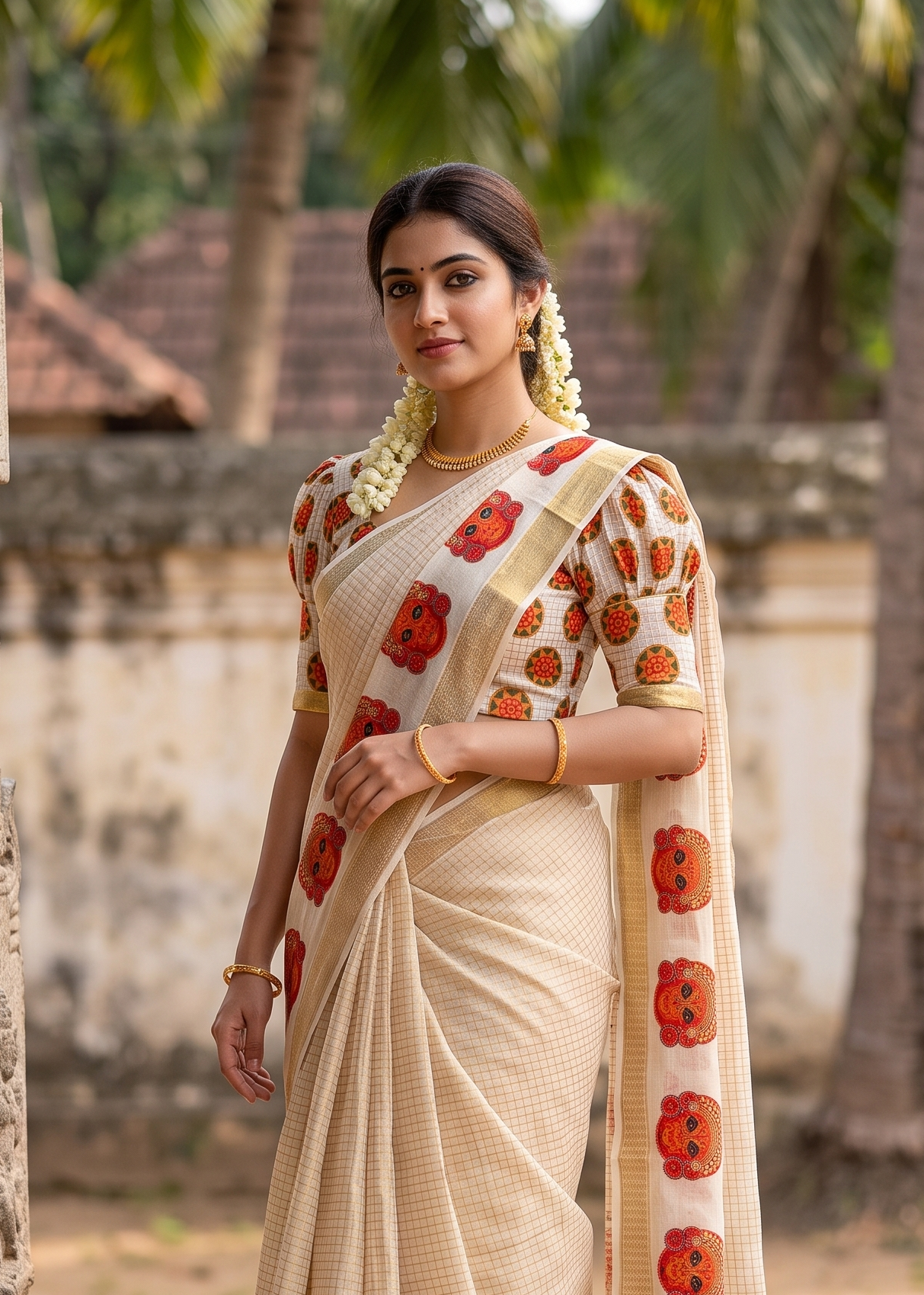 Southloom Chanderi Saree with Check Body And Zari Work with Theyyam Mural Print SL554