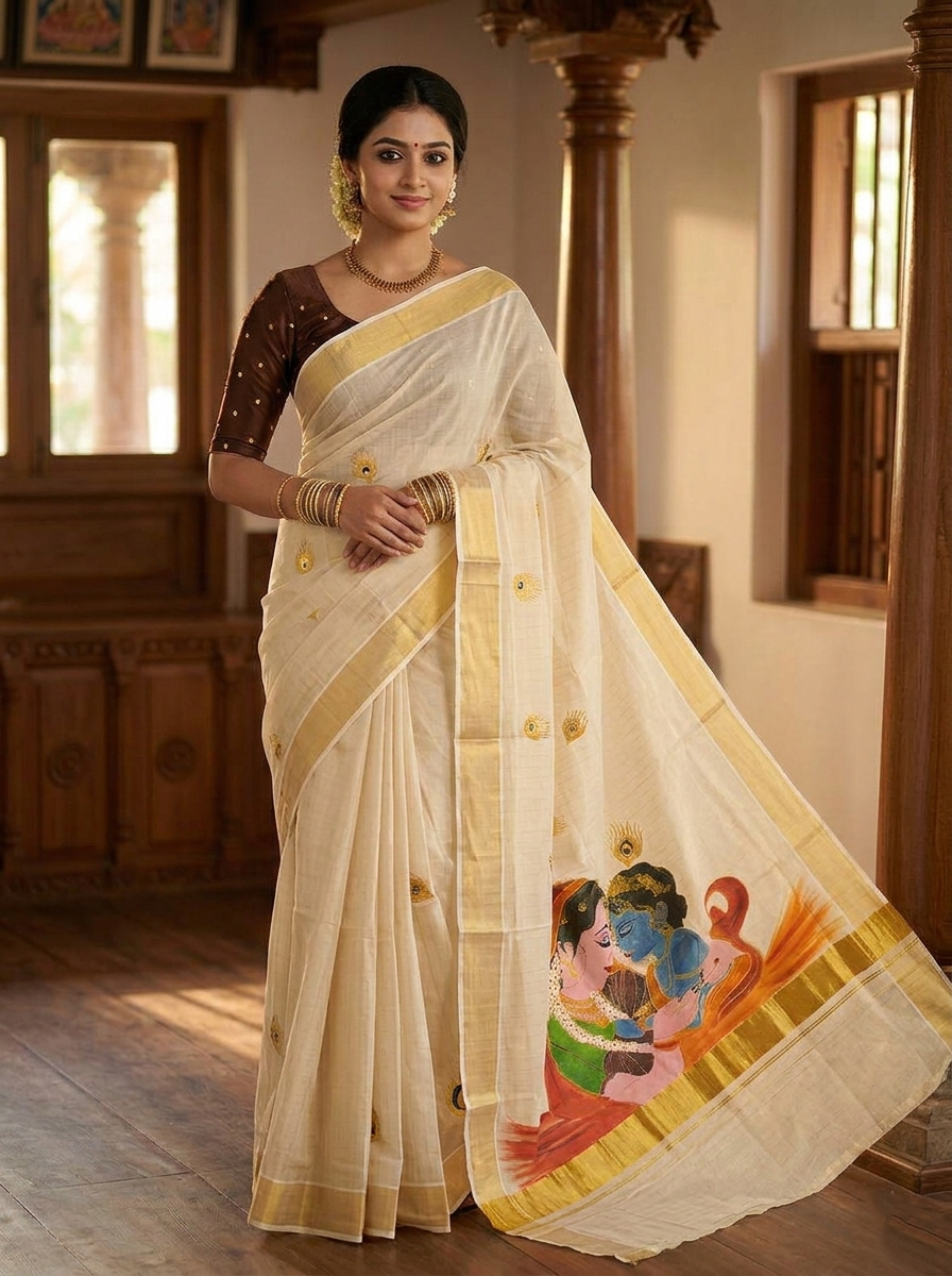 Southloom Tissue Kerala Kasavu Lines Saree with Hand Painted Embroidery Krishna & Yashodha Design SL283