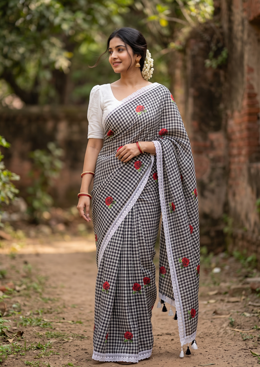 Southloom Mul Cotton 120 x 120 Soft Fabric Saree with Check Design in Body &White Border SL215