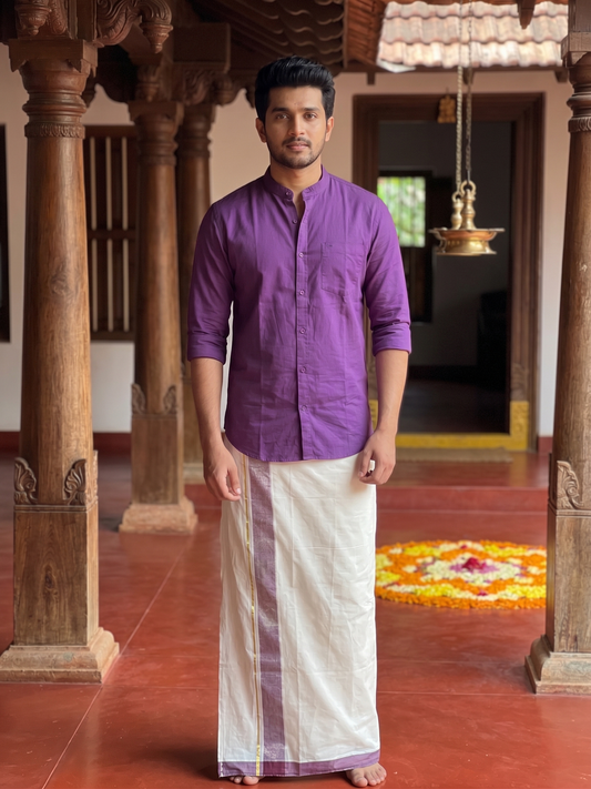 Southloom Kerala Pure Cotton Double Mundu with Purple Border (South Indian Dhoti)