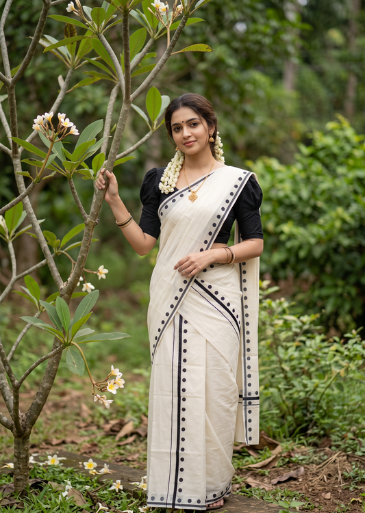 Southloom Pure Cotton Kerala Single Set Mundu (Mundum Neriyathum) with Digital Prints in Black 2.80 Mtrs SL359