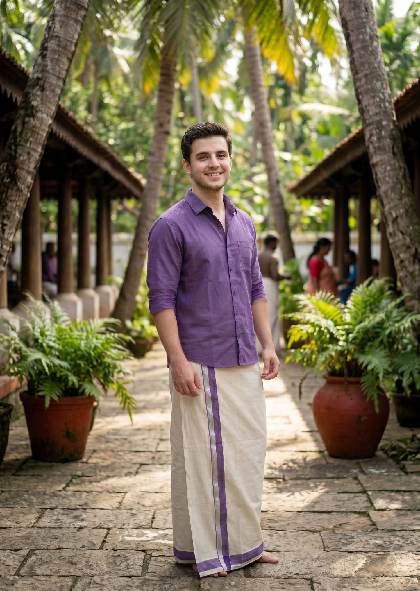 Southloom Kerala Pure Cotton Double Mundu with Purple And Silver Border (South Indian Dhoti)