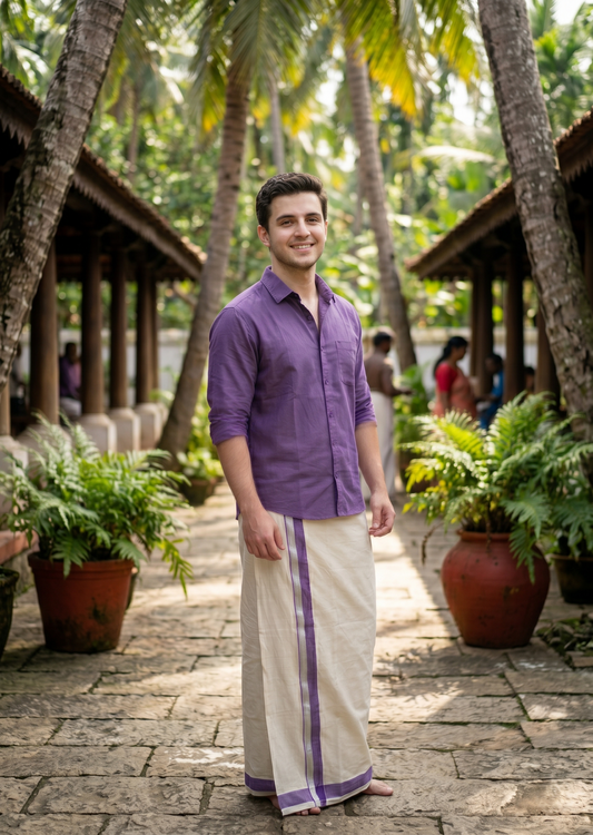Southloom Kerala Pure Cotton Double Mundu with Purple And Silver Border (South Indian Dhoti)