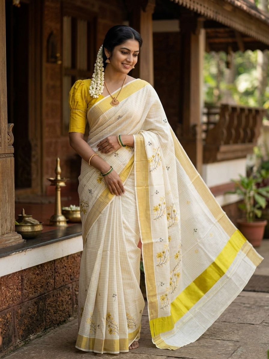 Southloom Woven Check Kasavu Saree with Floral Embroidery in Yellow and Green
