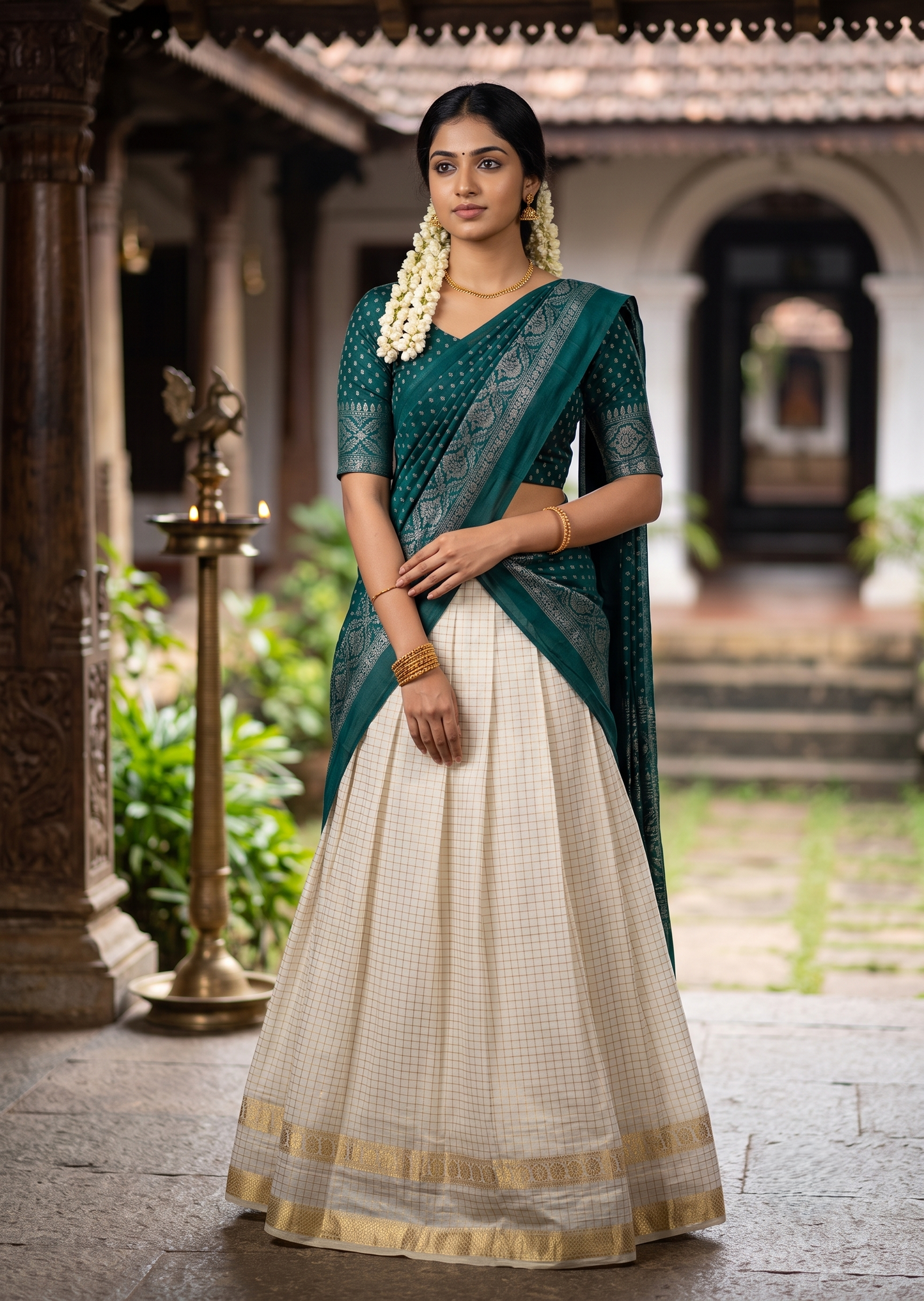 Southloom Semi UnStitched Check Dhavani Set with Pavada and Blouse Piece SL582