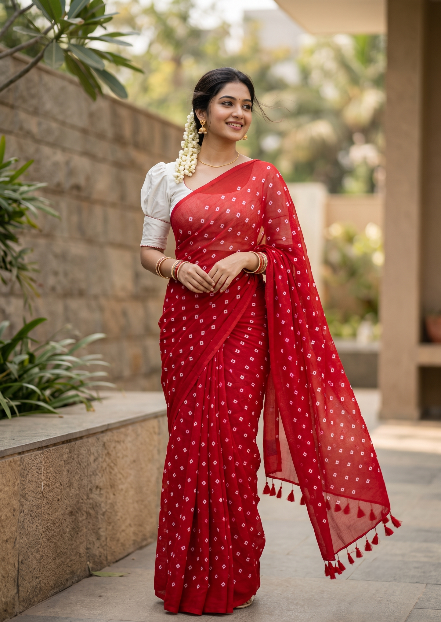 Southloom Mul Cotton 120 x 120 Soft Fabric Saree with Red Printed Desgin in Body SL215