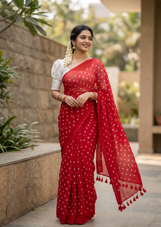 Southloom Mul Cotton 120 x 120 Soft Fabric Saree with Red Printed Desgin in Body SL215