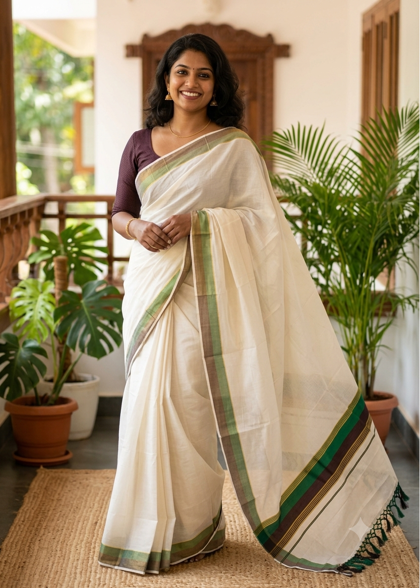 Kerala Cotton Kasavu Saree With Green And Dark Purple Borders SL499