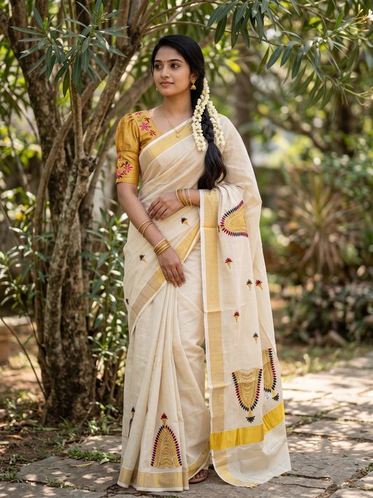 Southloom Tissue Kerala Kasavu Saree with Nettipattam Embroidery Designs on Body SL539
