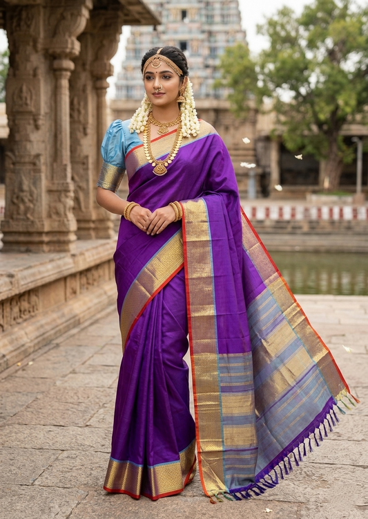Southloom Pure Handloom Bridal Kanchipuram Silk Saree with Korvai Work (Violet)