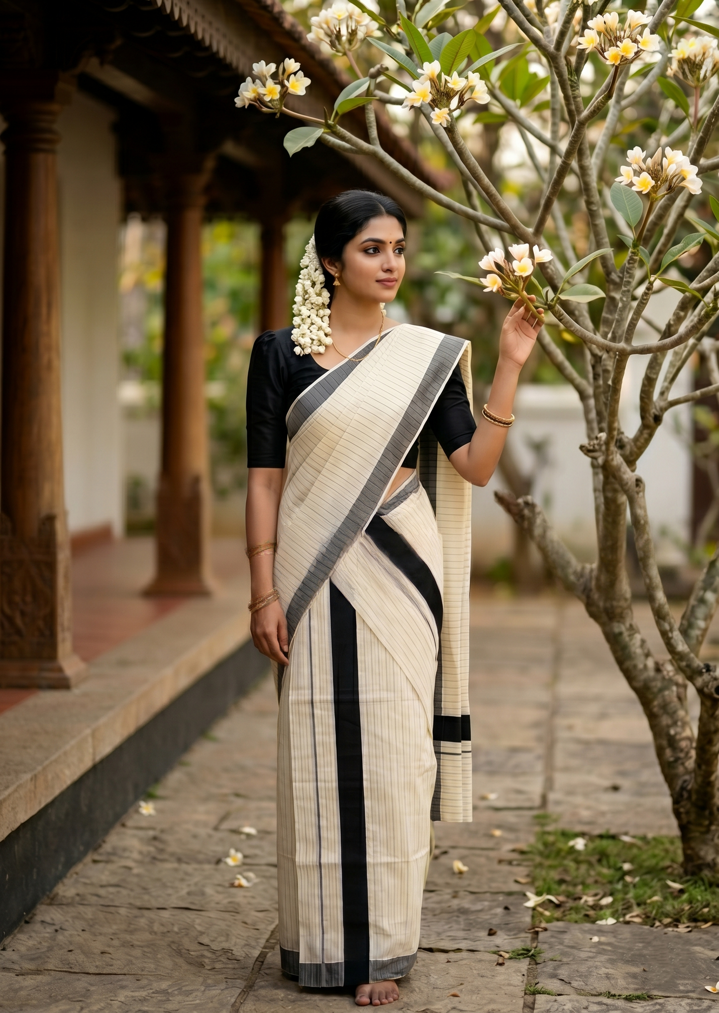 Southloom Pure Cotton Kerala Single Set Mundu (Mundum Neriyathum) with Stripes Design in Black  2.80 Mtrs SL355