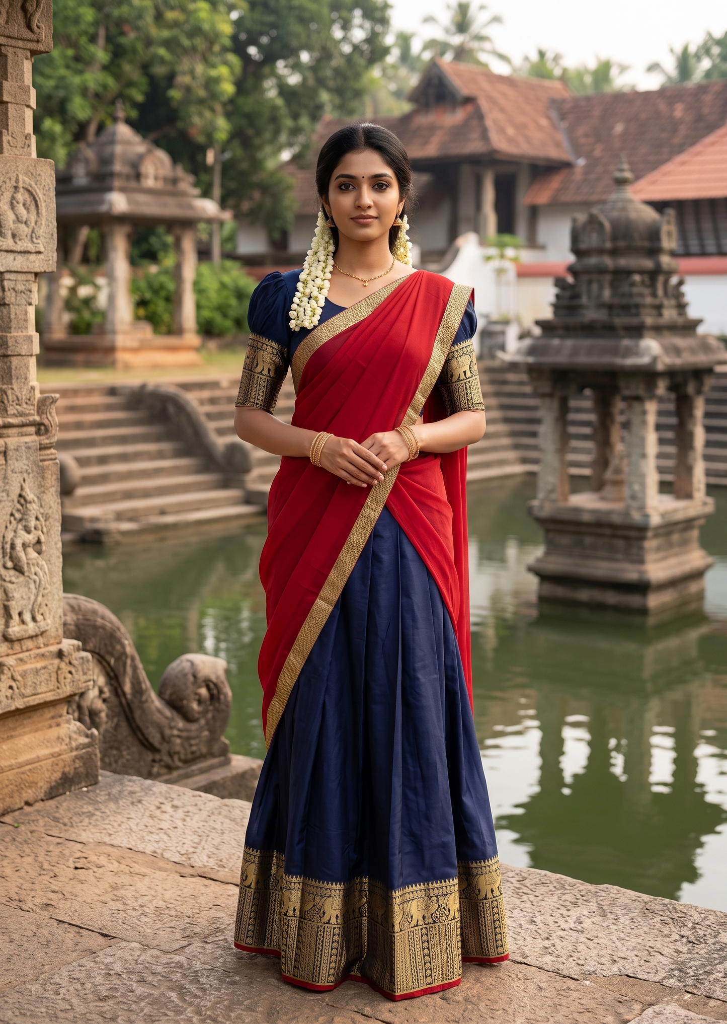 Southloom Semi Stitched Narayanpet Dhavani Set with Pavada and Blue Blouse Piece SLDHAVANI SL541