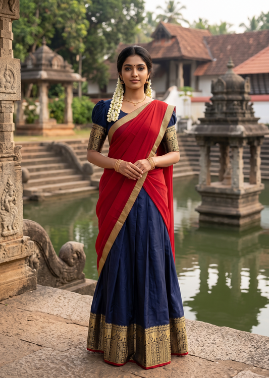 Southloom Semi Stitched Narayanpet Dhavani Set with Pavada and Blue Blouse Piece SLDHAVANI SL541