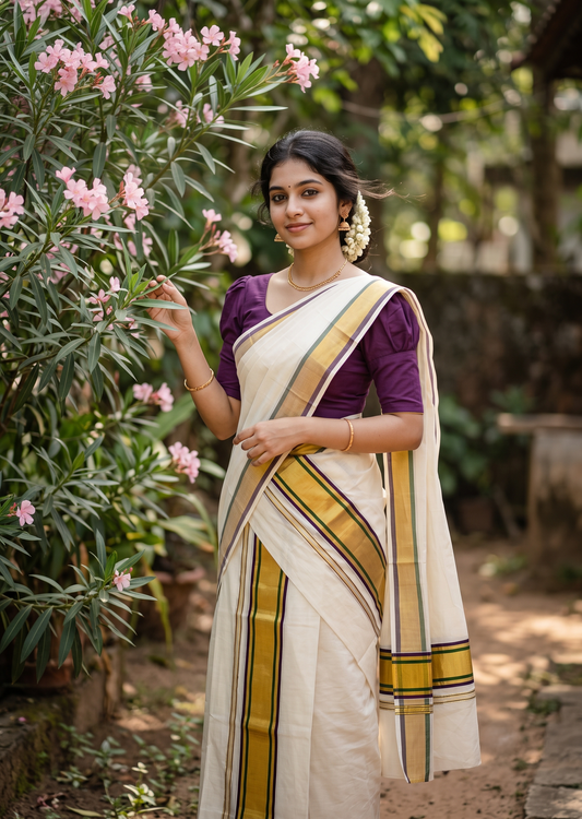 Southloom Premium Tissue Strips Handloom Set Mundu with Purple & Green Lines And Kasavu Border (2.80 Mtr) SL632