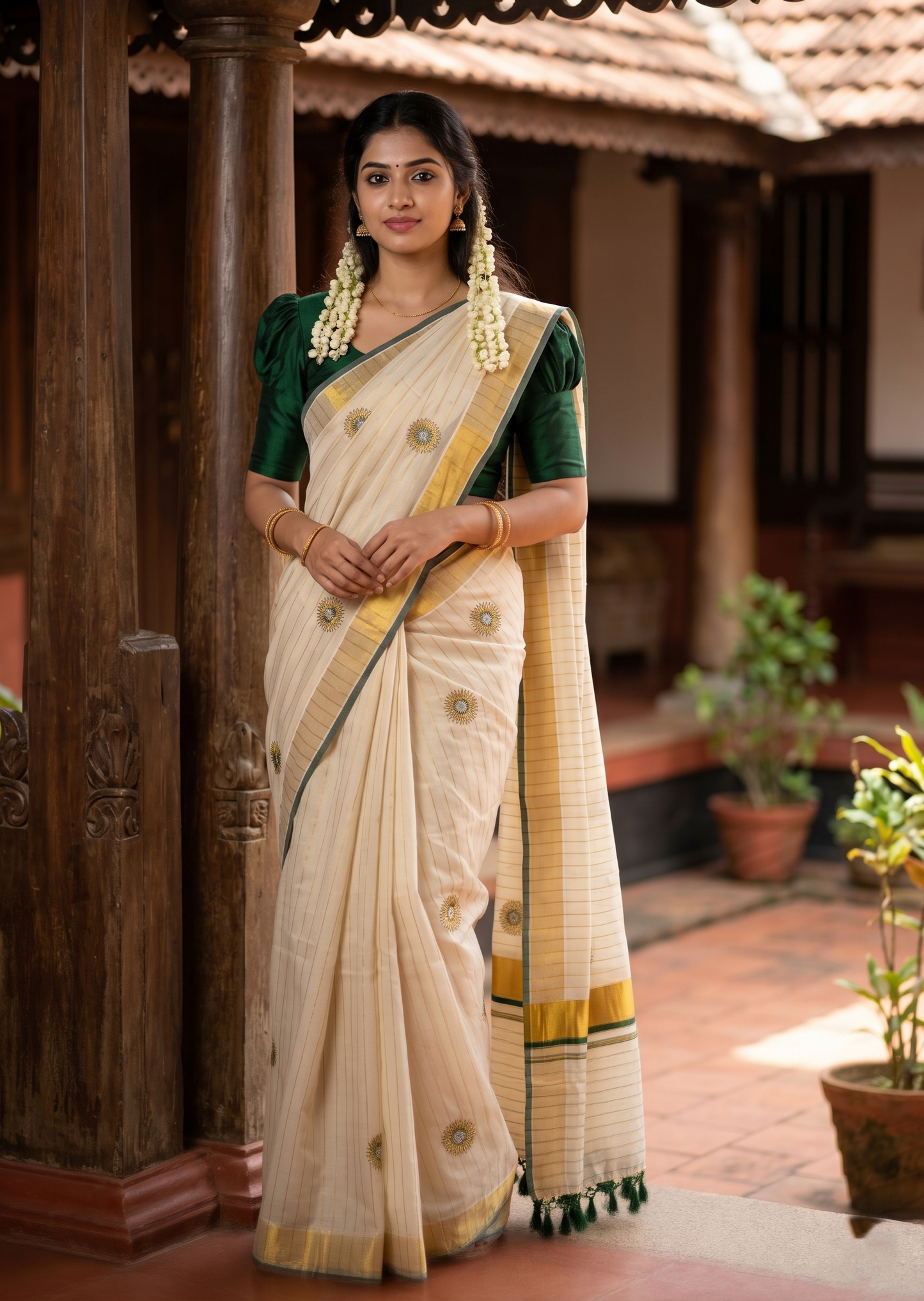 Southloom Kerala Tissue Kasavu Lines Saree with Embroidery Work on Body in Green SL315