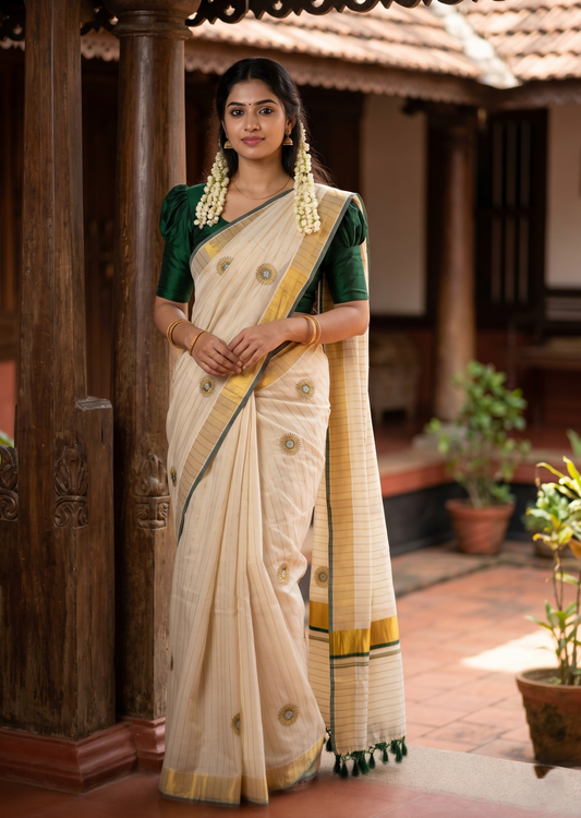 Southloom Kerala Tissue Kasavu Lines Saree with Embroidery Work on Body in Green SL315
