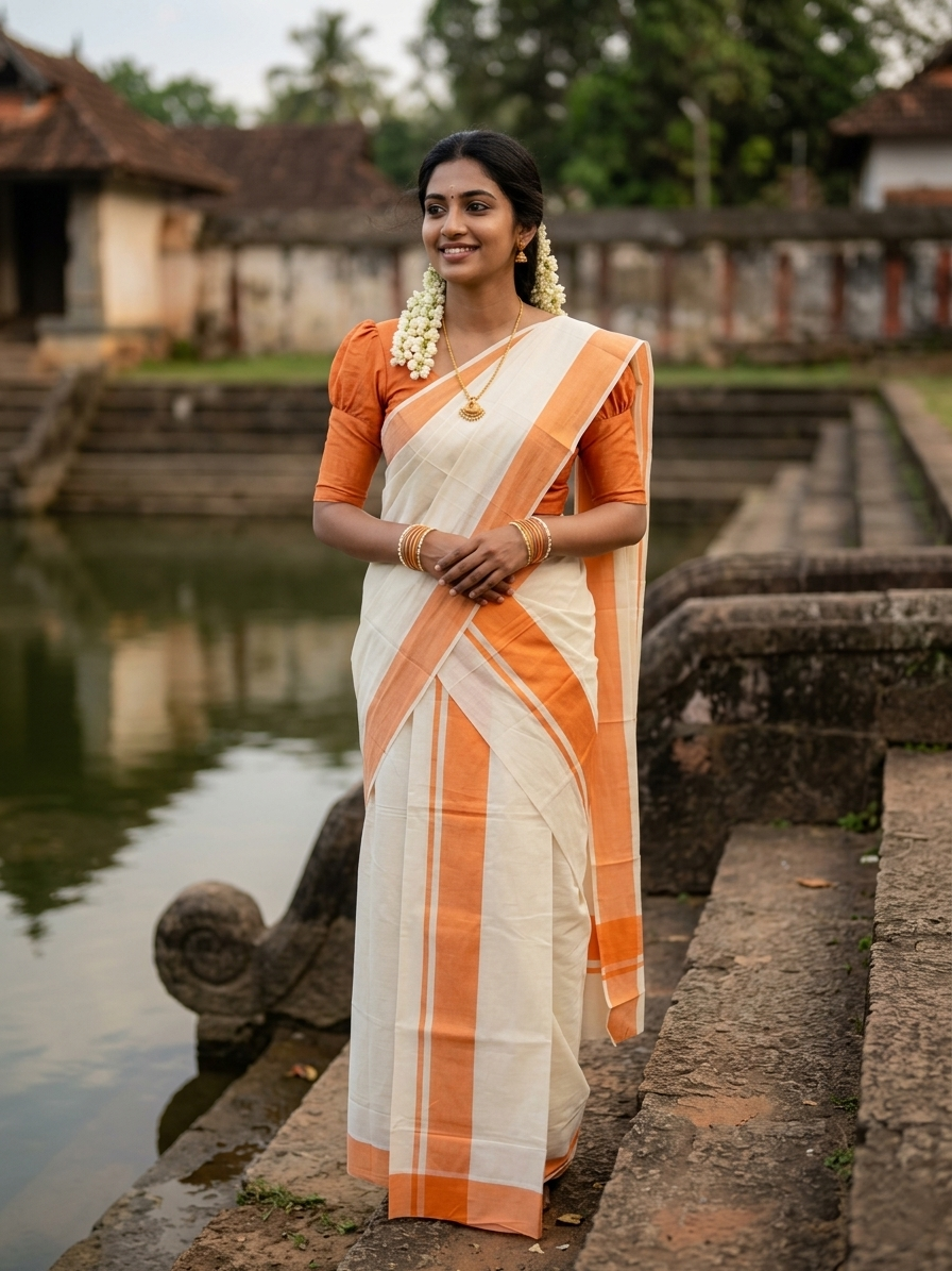 Southloom Pure Cotton Kerala Single Mulloth Set Mundu (Mundum Neriyathum) Orange Border in 2.80 mtrs SL243