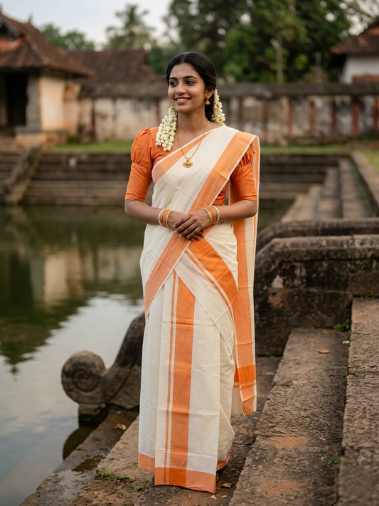 Southloom Pure Cotton Kerala Single Mulloth Set Mundu (Mundum Neriyathum) Orange Border in 2.80 mtrs SL243