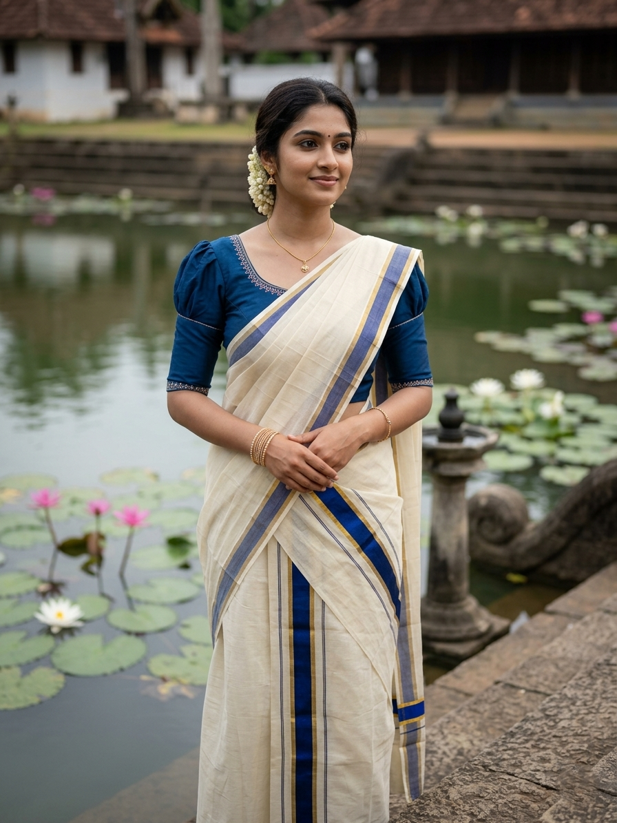 Southloom Pure Cotton Kerala Kasavu Set Mundu (Mundum Neriyathum) Kasavu & Dark Blue Border in 2.80 Mtrs