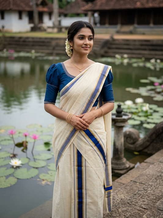 Southloom Pure Cotton Kerala Kasavu Set Mundu (Mundum Neriyathum) Kasavu & Dark Blue Border in 2.80 Mtrs
