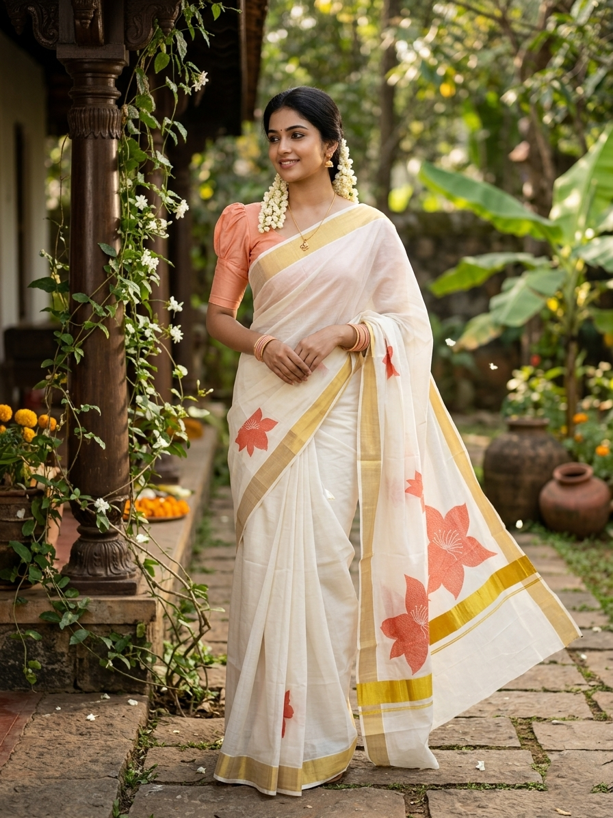 Southloom Exclusive Onam Kasavu Saree with Peach Floral Print Across Body in High Quality (Matching Printed Blouse Included)
