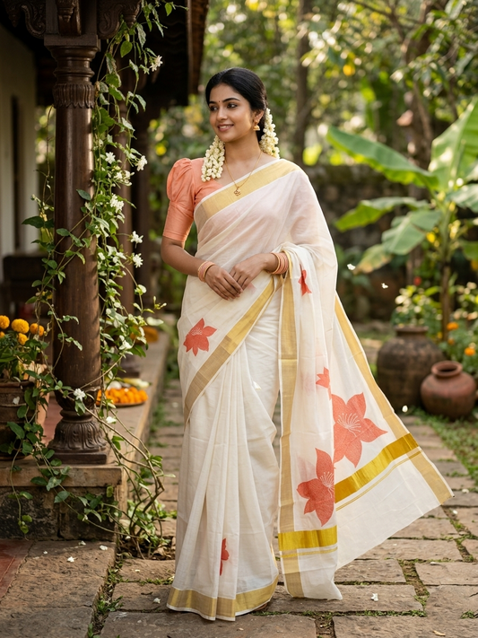 Southloom Exclusive Onam Kasavu Saree with Peach Floral Print Across Body in High Quality (Matching Printed Blouse Included)