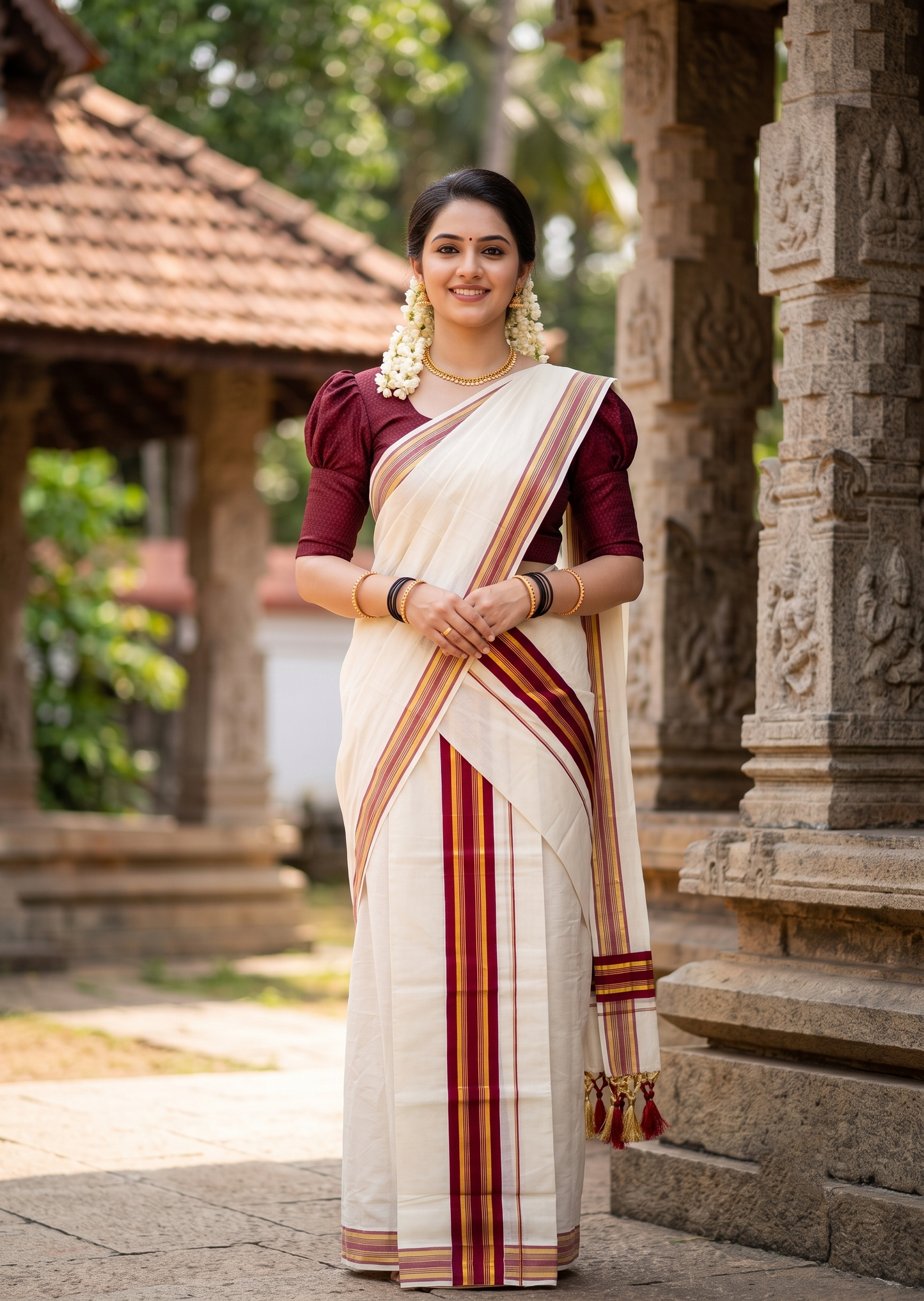 Southloom Kerala Cotton Kasavu Single Set Mundu (Mundum Neriyathum) with Maroon Border SLKK SL518