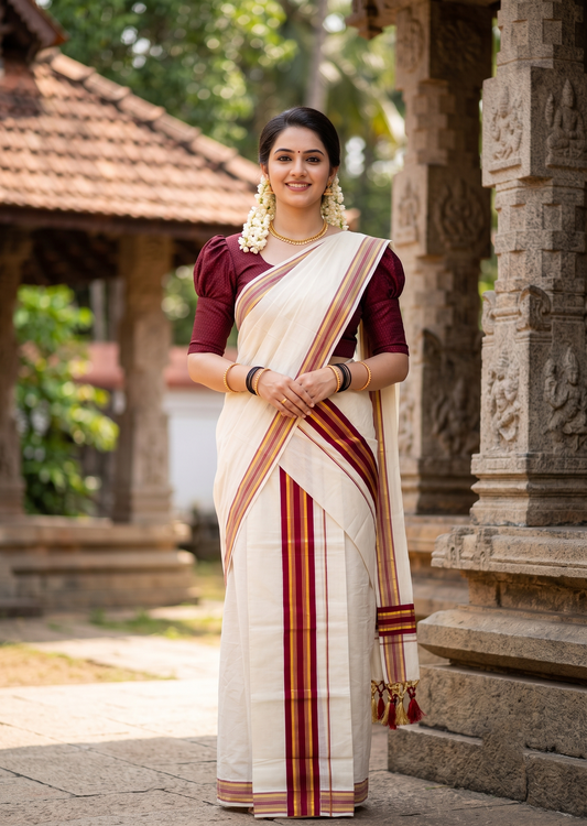 Southloom Kerala Cotton Kasavu Single Set Mundu (Mundum Neriyathum) with Maroon Border SLKK SL518
