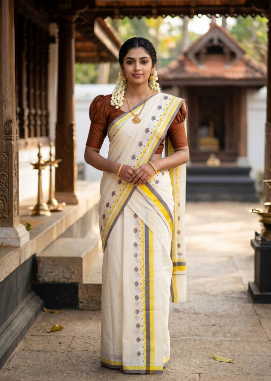 Southloom Kerala Mulloth Cotton Single Mundum Neriyathum with Digital Prints in Brown 2.75 Mtrs SL372