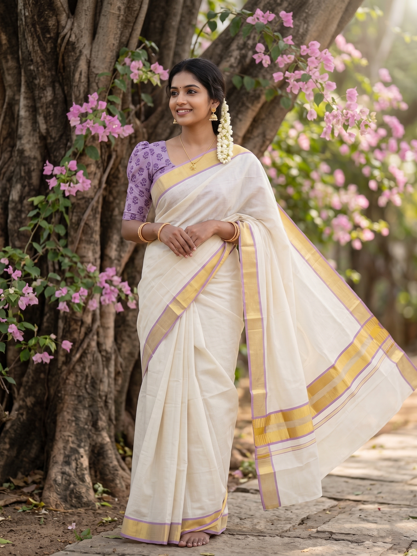 Southloom Kerala Cotton Kasavu Saree with Micro Stripes on Body In Lavender Border SL361
