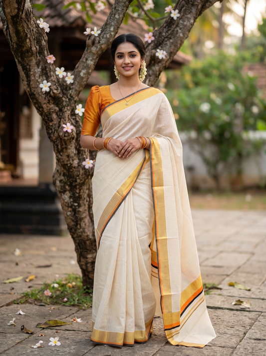 Southloom Kerala Cotton Kasavu Saree with Stripes on Body In Orange And Black Border