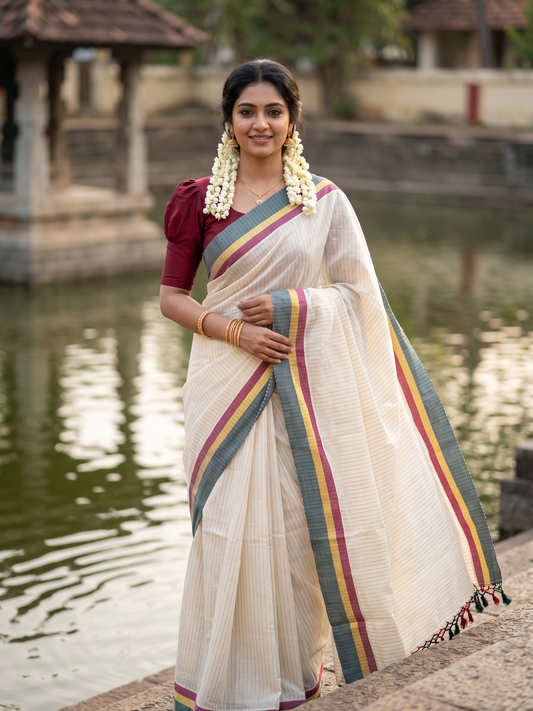 Southloom Cotton Kerala Kasavu Saree with Stripes on Body and Maroon &Green Border with Tussels SL492