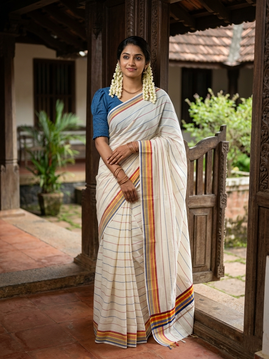 Southloom Cotton Kasavu Saree with Blue and Red Thread Work Across Body