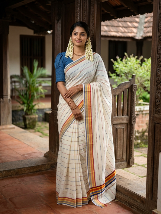 Southloom Cotton Kasavu Saree with Blue and Red Thread Work Across Body