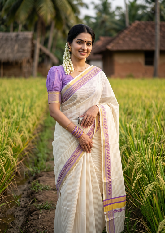 Southloom Kerala Cotton Kasavu Saree with Stripes on Body and Temple print on Border in Lavender SL512