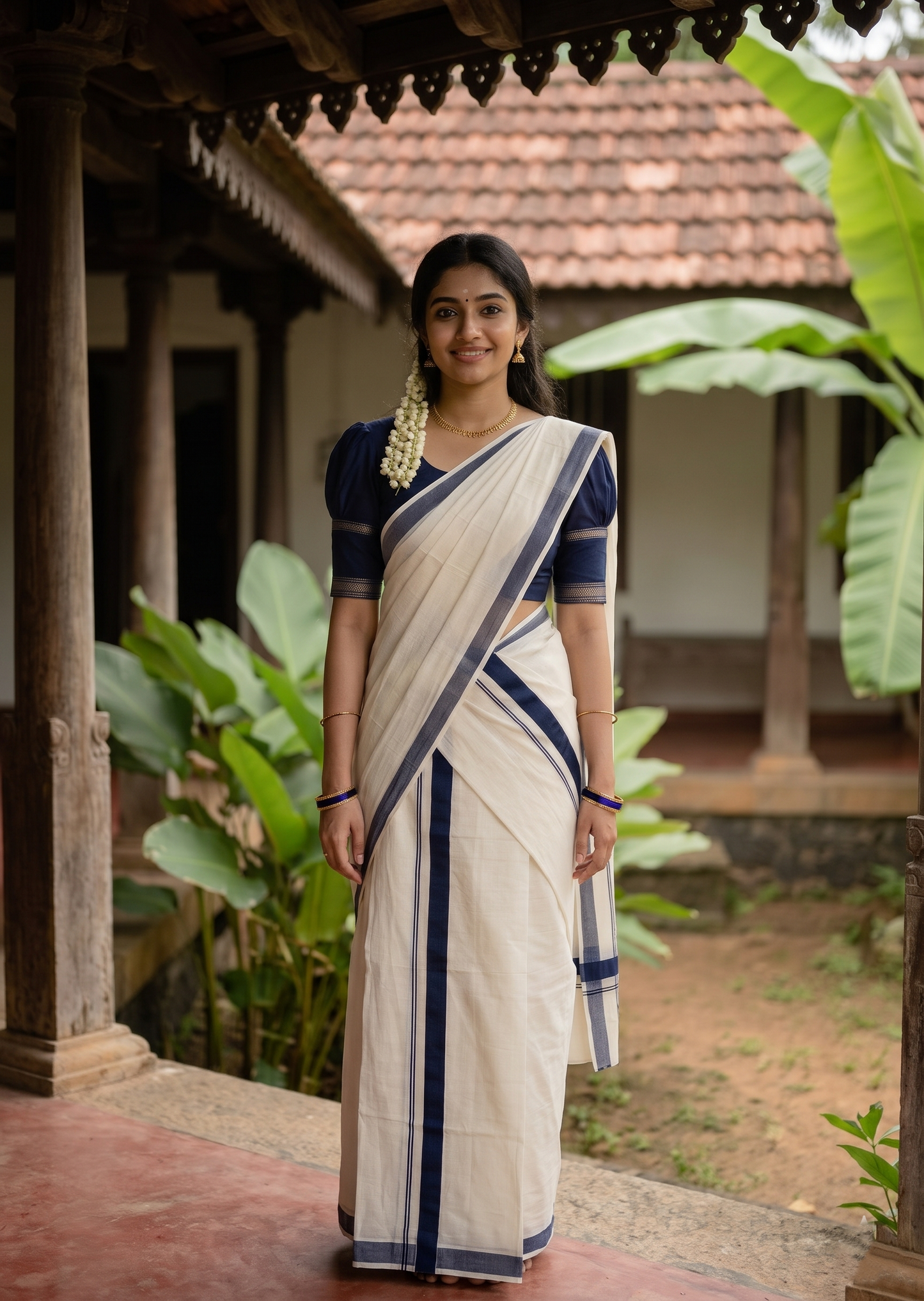 Kerala Cotton Navy Blue Kara Set Mundu 2.80 mtrs SL425