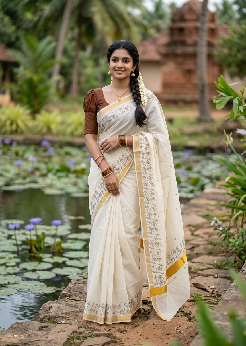Southloom Kerala Cotton Kasavu Saree with Floral Digital Print In Brown