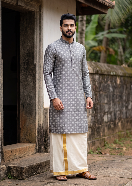 Southloom Grey Woven Patterns Semi Silk Short Kurta for Men SL590