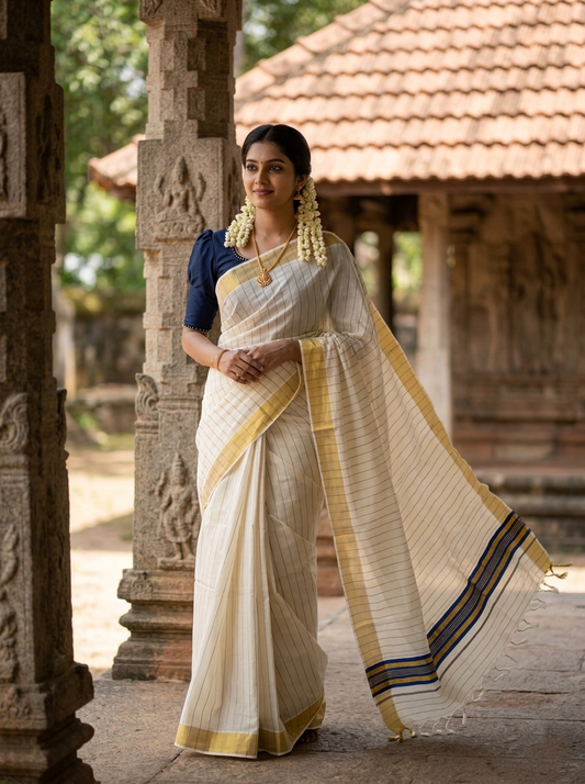 Southloom Kerala Cotton Kasavu Saree with Gold And Blue Lines on Body SL331