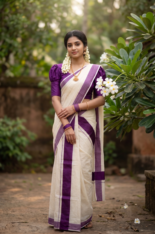 Kerala Cotton Set Mundu (Mundum Neriyathum) Single with Plain Purple Border 2.80 Mtrs