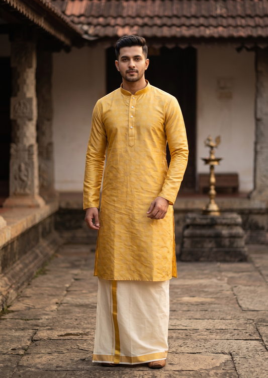 Southloom Yellow Woven Patterns Semi Silk Short Kurta for Men SL590