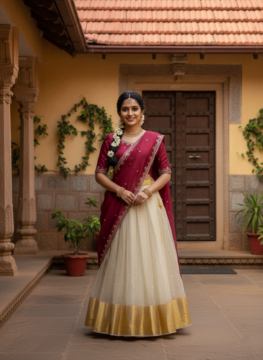 Southloom Semi Stitched Dhavani Set with Pavada and Maroon Blouse Piece
