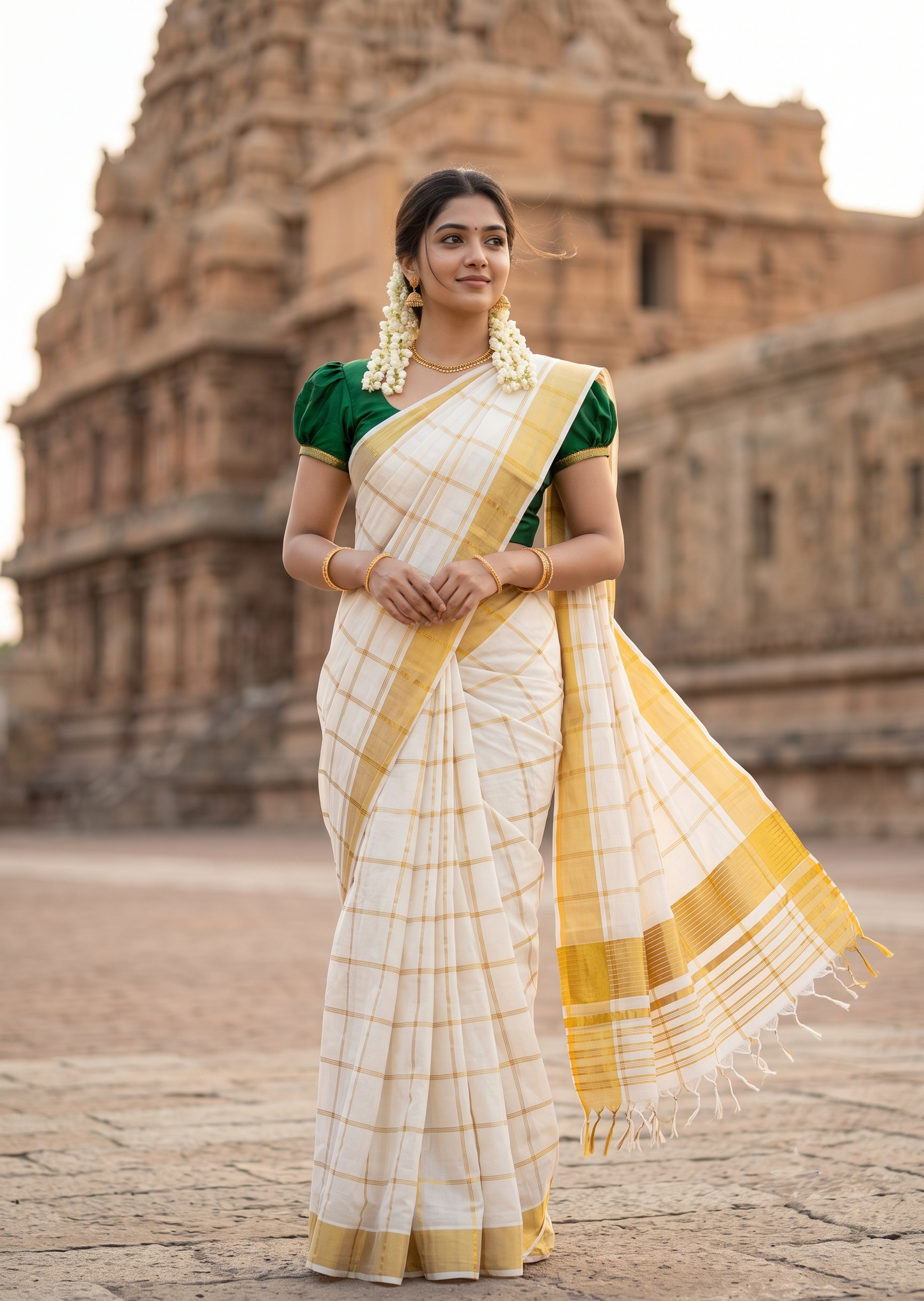 Southloom Super Premium Balaramapuram Handloom Cotton Saree with Check Design And Gold Kasavu on Border