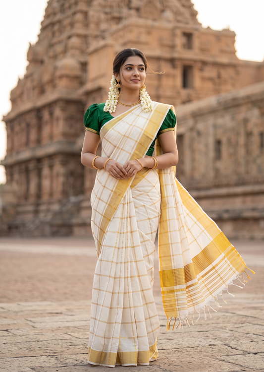 Southloom Super Premium Balaramapuram Handloom Cotton Saree with Check Design And Gold Kasavu on Border