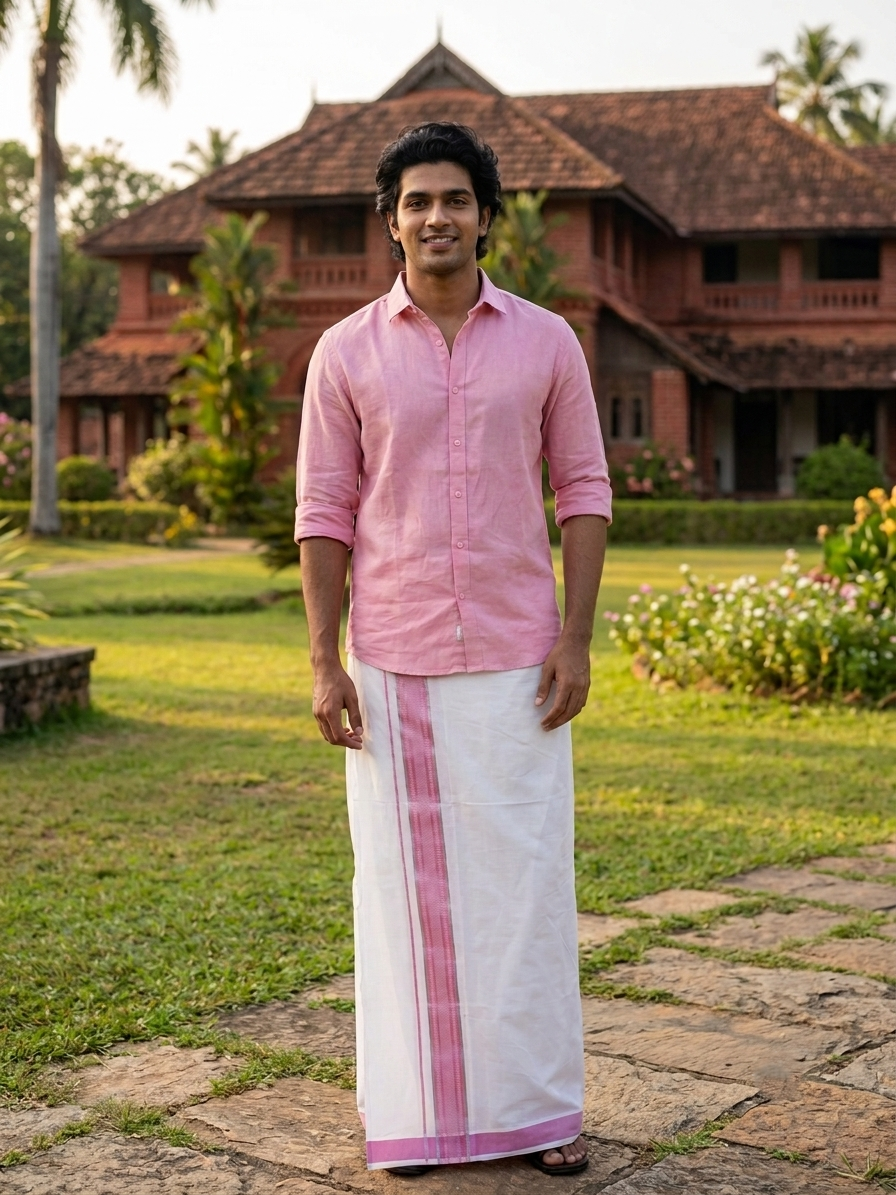 Southloom Pure White Cotton Mundu with Silver Line & Pink Border (South Indian Kerala Dhoti)
